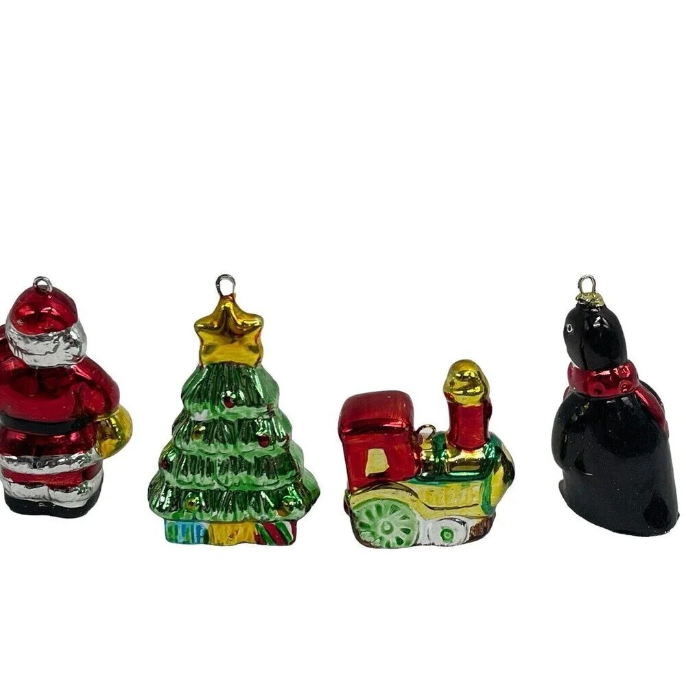 Vintage Glass Santa Holding Doll and Gifts Tree  Penguin Metallic Paint